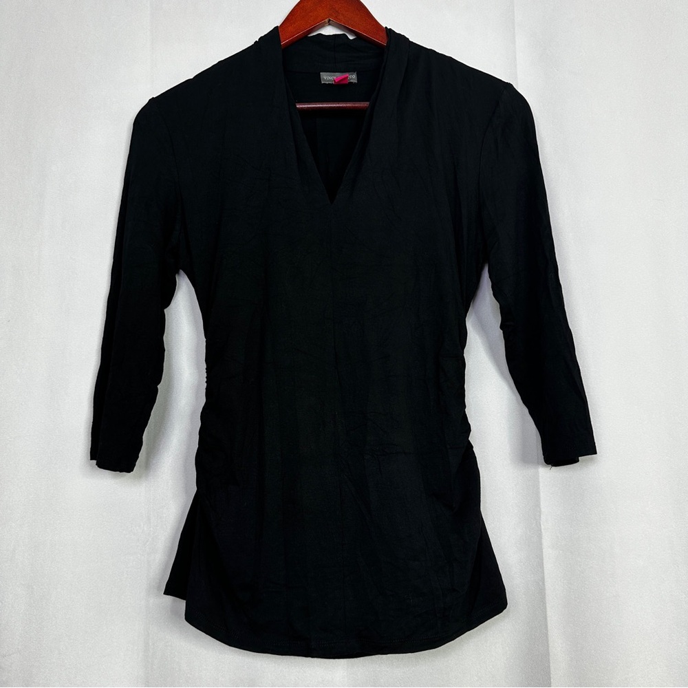 Vince Camuto Blouse V-Neck Womens Fitted Black Medium Office Stretch Top